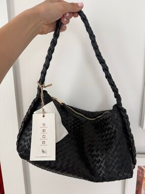 Black Leather Woven Shoulder Bag